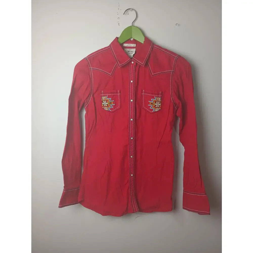 Ariat Women's Red‎ Embroidered Western Shirt Pearl Snaps Rodeo Fitted Long Small
